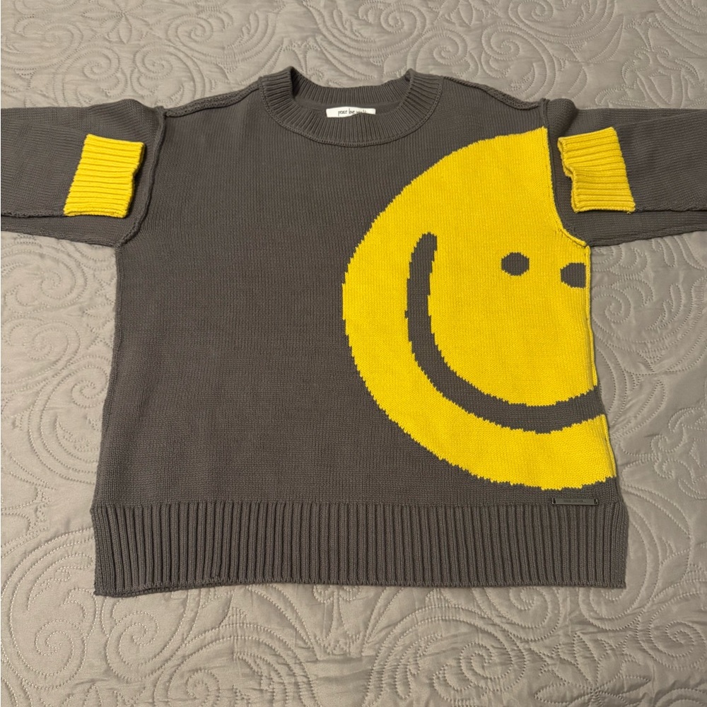 Peace Love World Gray and Yellow Knit Sweater